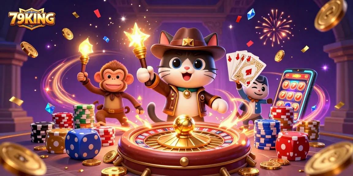Engage in exciting gameplay with 79KING's captivating illustration of a cat archaeologist discovering casino treasures.