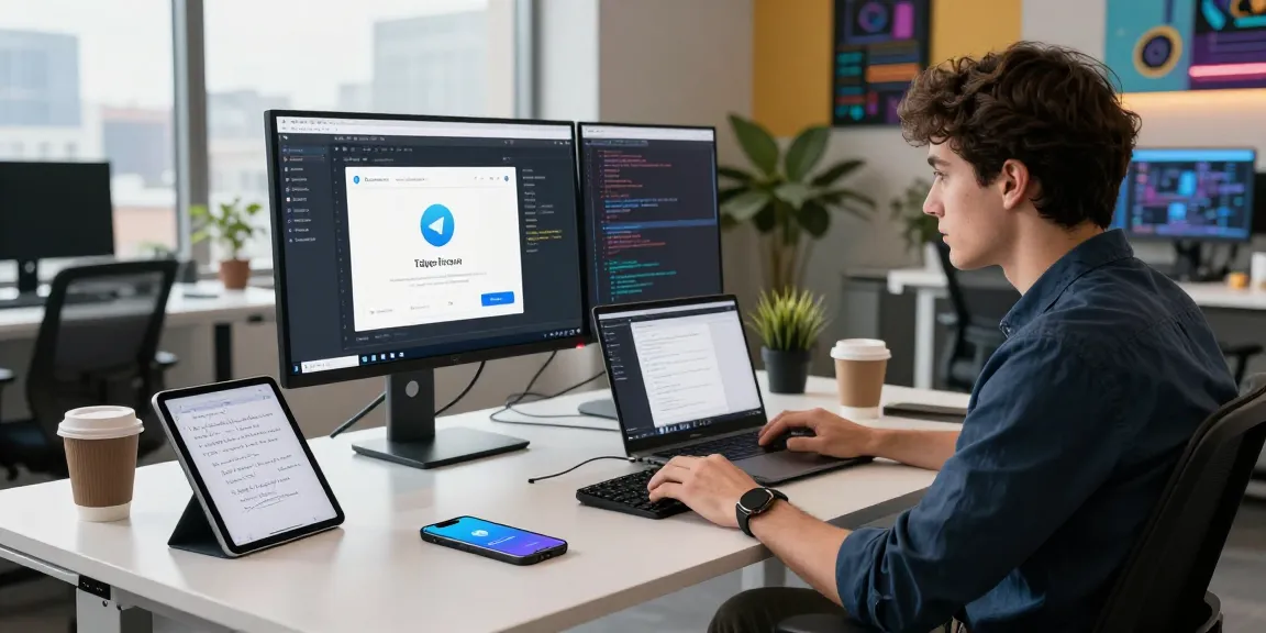 Telegram Download showcased in a dynamic workspace with a developer troubleshooting code on a desktop.