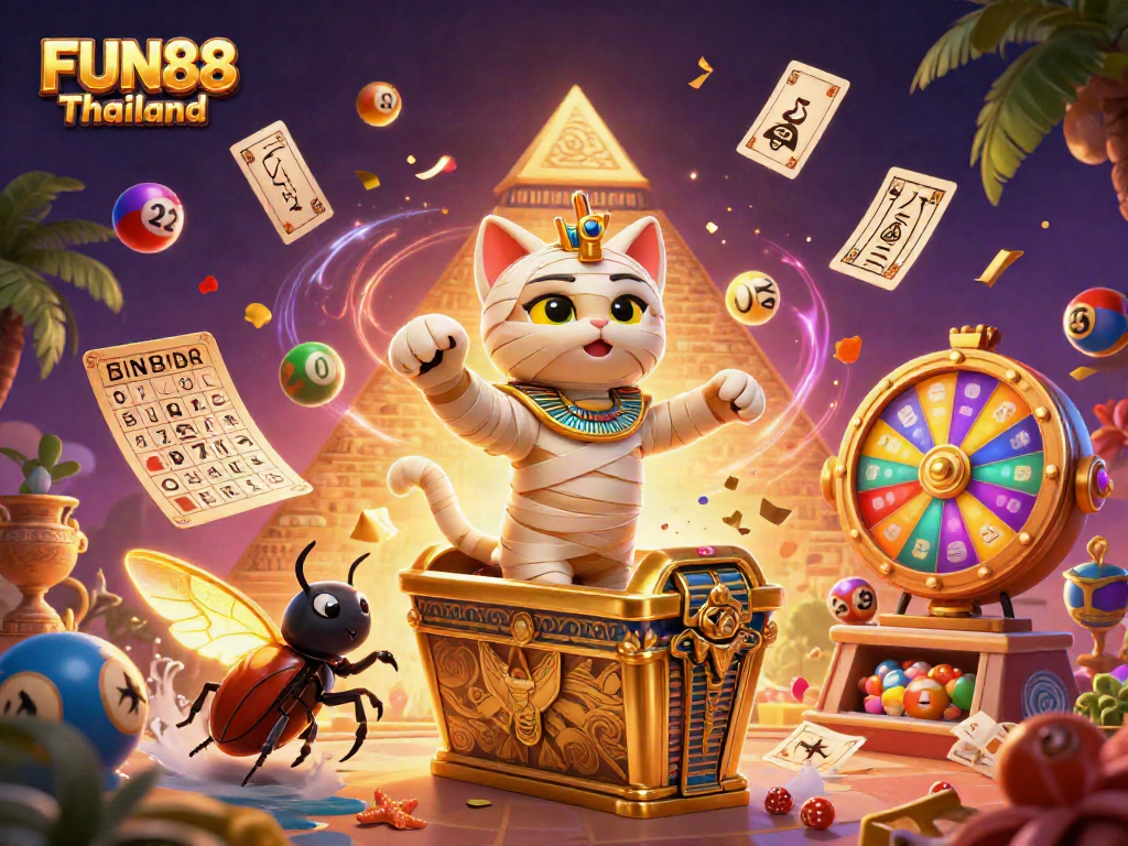 Experience FUN88 Thailand with the 3D cartoon mummy cat and exciting casino elements.