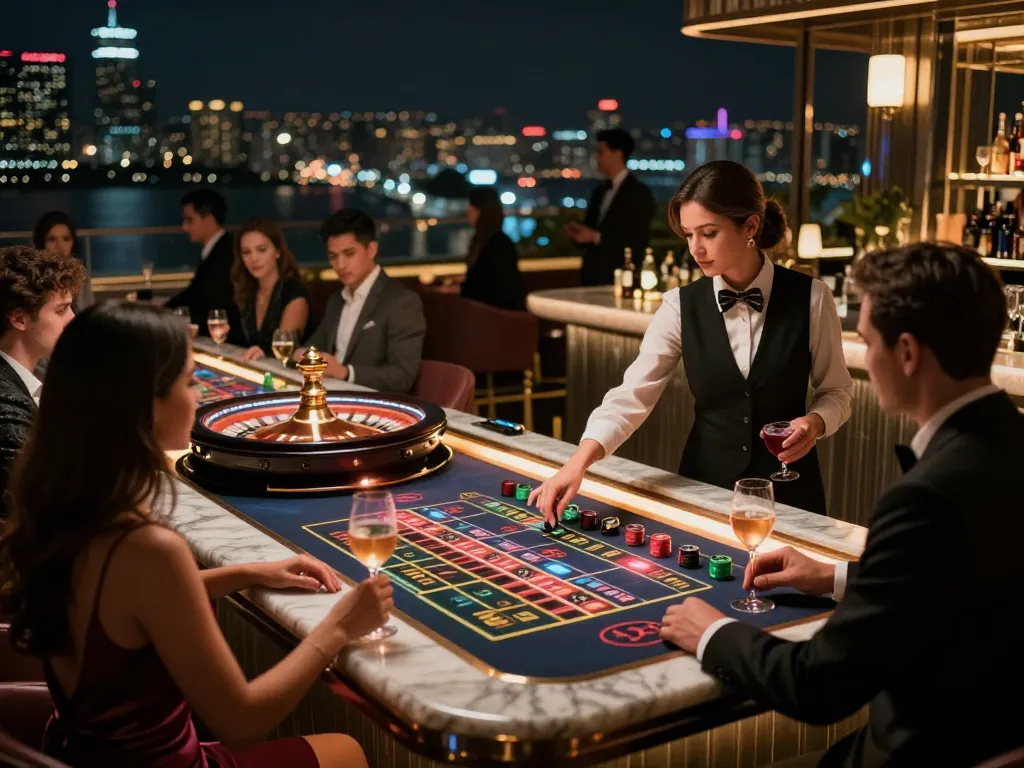 Players enjoying a thrilling roulette game at NK88's upscale casino bar with stunning city views