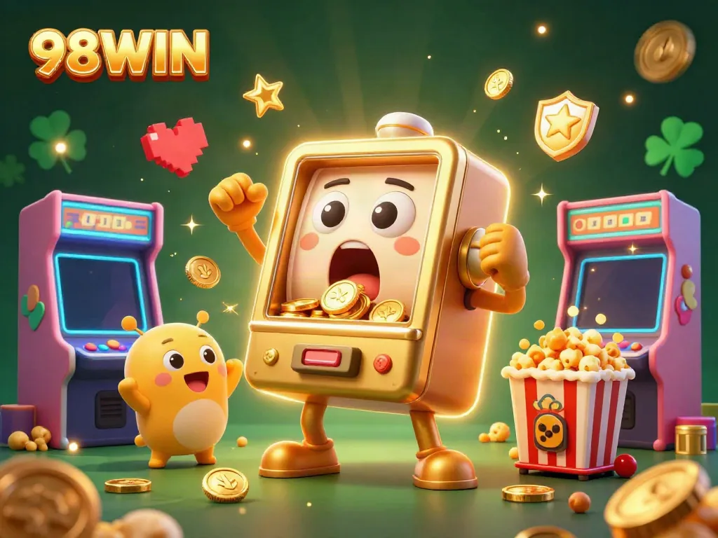 Spin to win with 98WIN as a golden slot machine celebrates a jackpot in a vibrant casino scene.