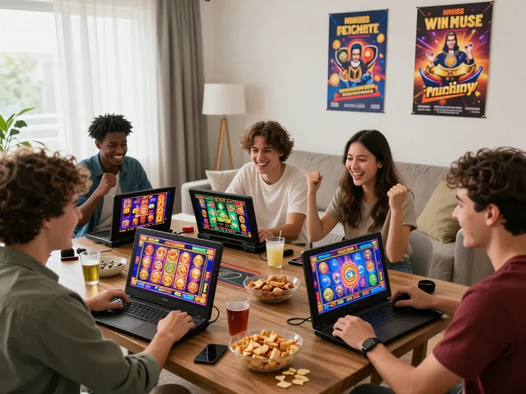 Friends enjoying an exciting online gaming experience with MM88, surrounded by vibrant game graphics and cheerful atmosphere.