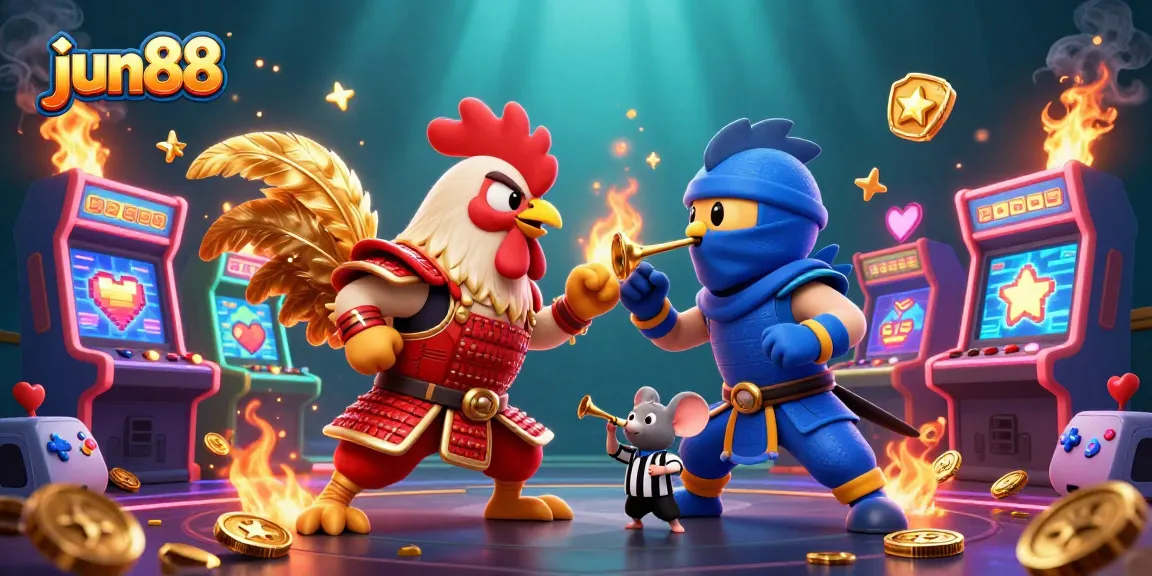 Experience exciting gameplay at jun88 with twin fighting roosters in a vibrant casino setting