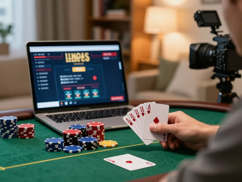 Winning hand at nk88 nhà cái online poker, showcasing chips and ambient home setting