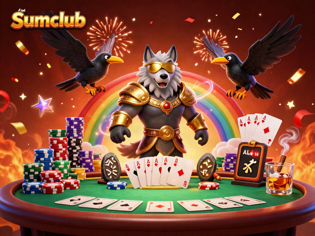 Experience the thrill of Sumclub with a Norse-inspired casino scene filled with vibrant poker elements.