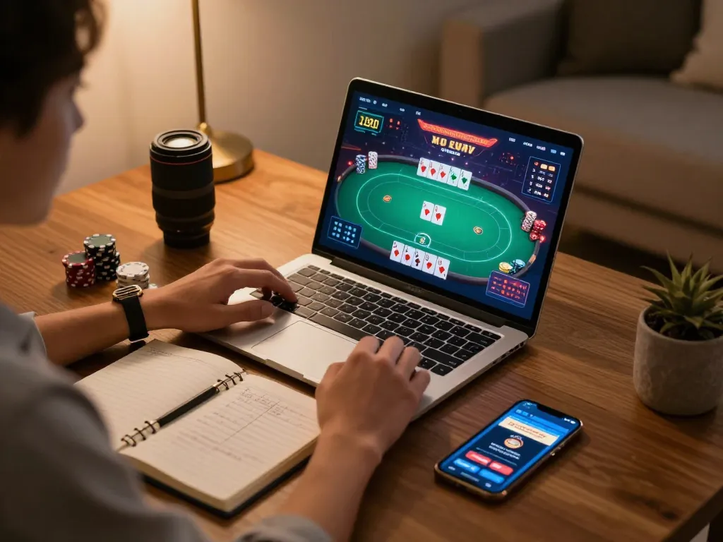Pemain terlibat di antarmuka poker online idn789, menampilkan permainan strategis dalam pengaturan rumah yang nyaman.