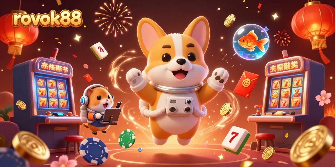 Experience the vibrant excitement of rokok88 with a cartoon astronaut corgi in a joyful casino scene.