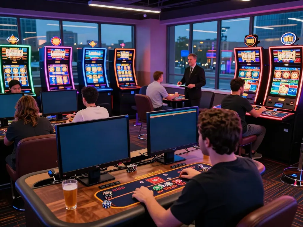 Exciting scene at RED88 gaming lounge with players enjoying sports betting and live casino games.