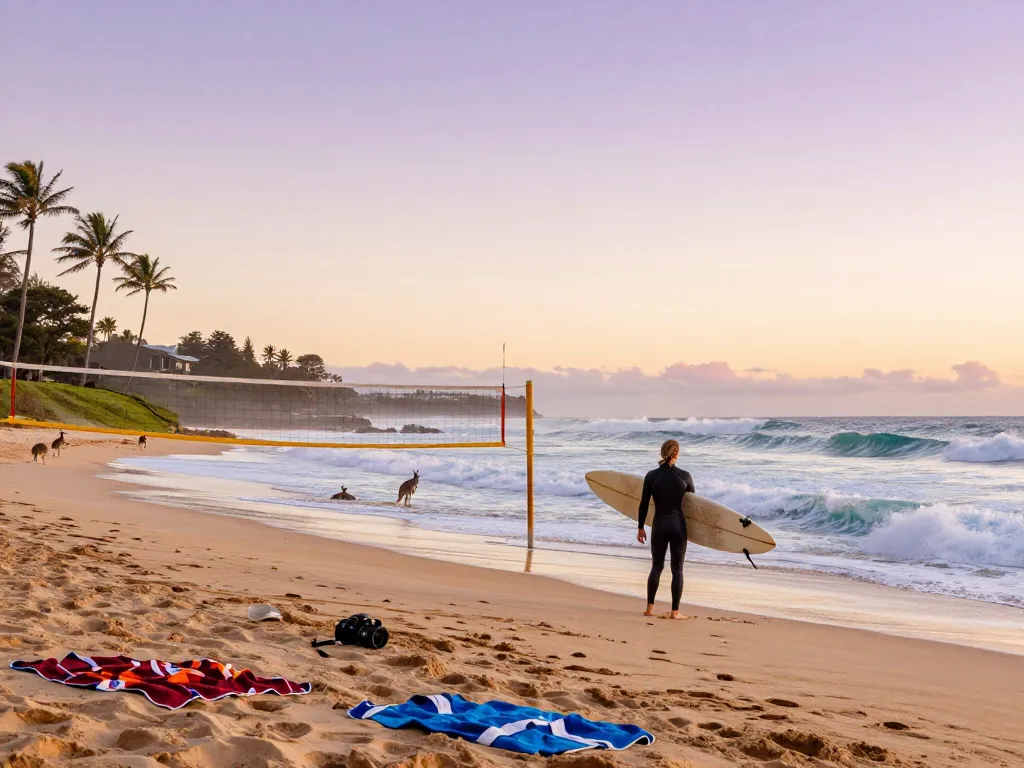 Surfer in Australia getting ready to ride morning waves on the beach.