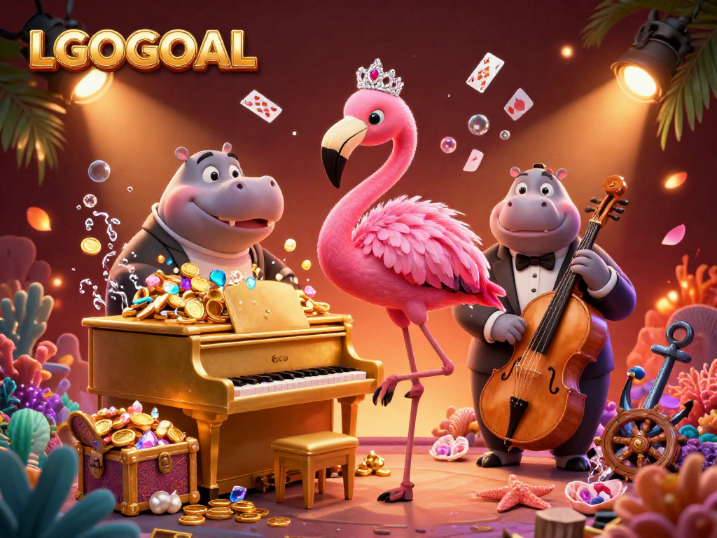 Engage with LGOGOAL's vibrant casino scene featuring a singing flamingo and hippo bassist amidst sparkling gems and animated playing cards.
