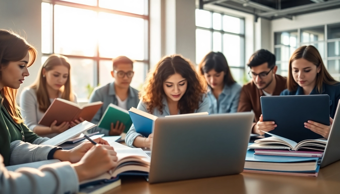 Motivated TOEIC test takers for hire collaborating in a vibrant study environment.