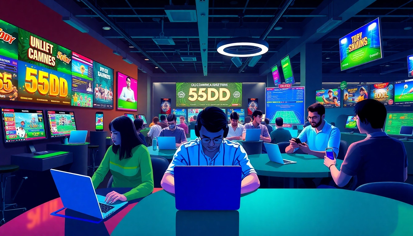55DD online betting scene with diverse players enjoying slots, poker, and sports betting in a modern gaming environment.