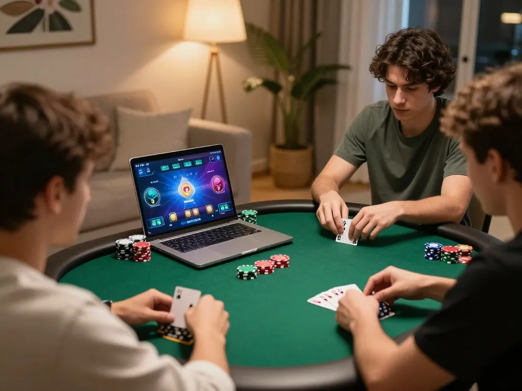 Players enjoying online poker at home, strategizing and betting with bl555 app on screen