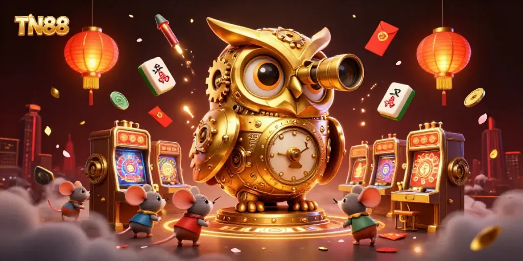 Experience the thrill of TN88 as the clockwork owl surveys the lively casino floor.