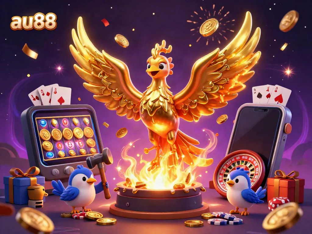 Experience the thrill of winning at au88 with a vibrant 3D illustration of a molten golden phoenix amid casino elements.