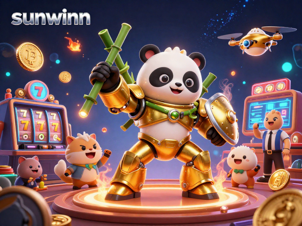 Spin jackpots on sunwinn while a golden panda battles in a dynamic casino atmosphere.