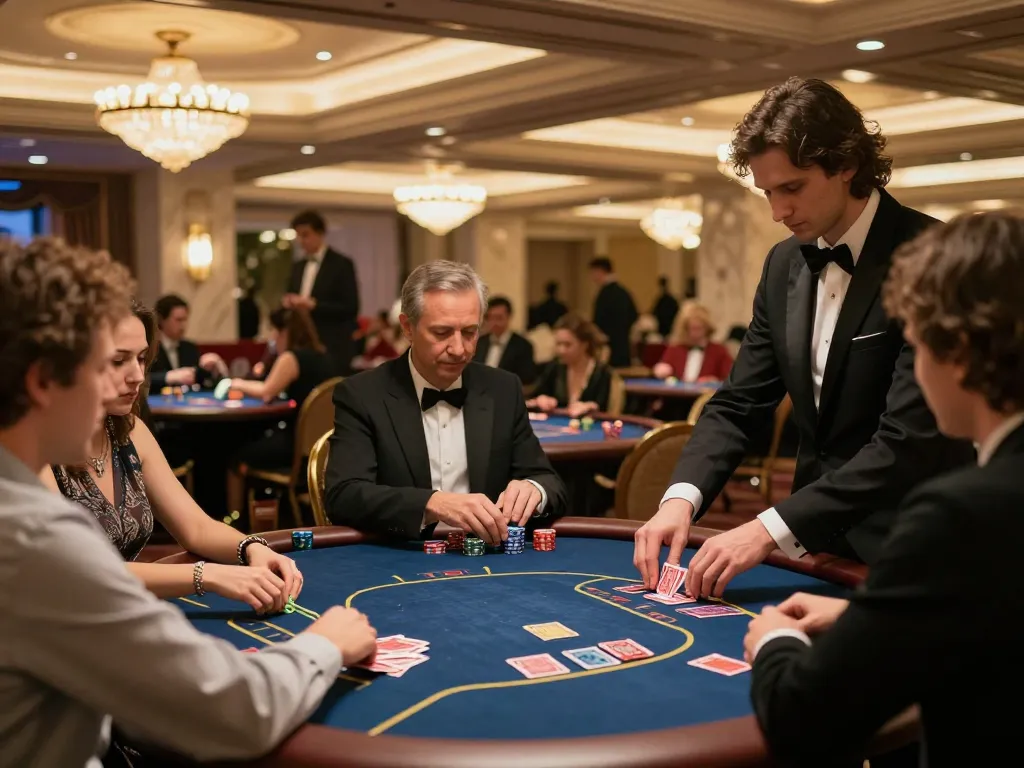 NK88 players engaged in a high-stakes poker game with a professional dealer in a luxurious casino