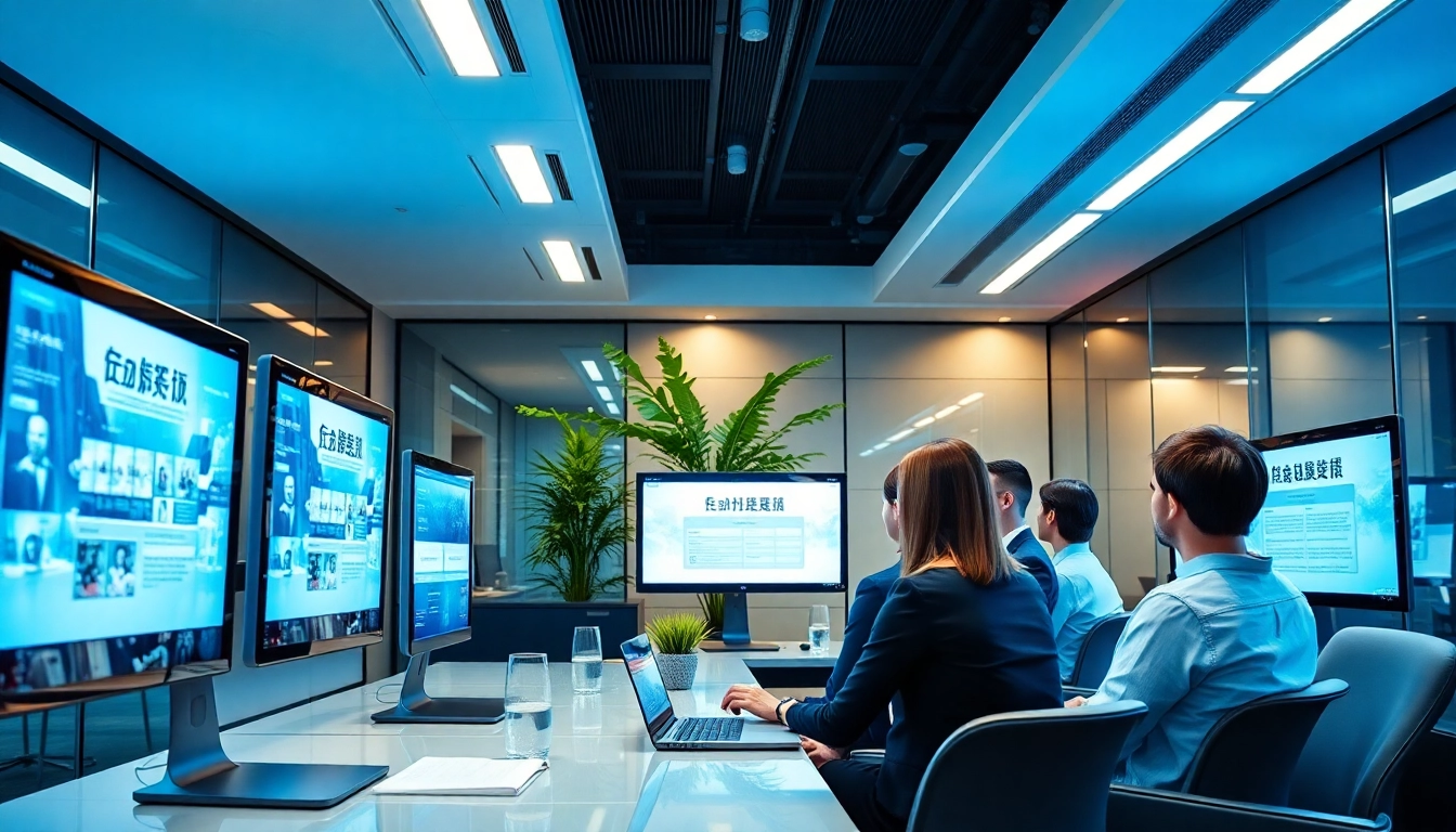 快连官网 displayed on multiple high-tech devices in a modern office setting, showcasing connectivity and professionalism.