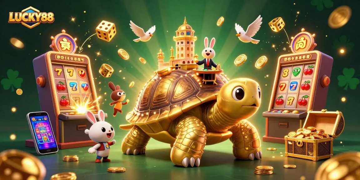 LUCKY88 themed vibrant casino scene featuring a tortoise with a casino on its shell.