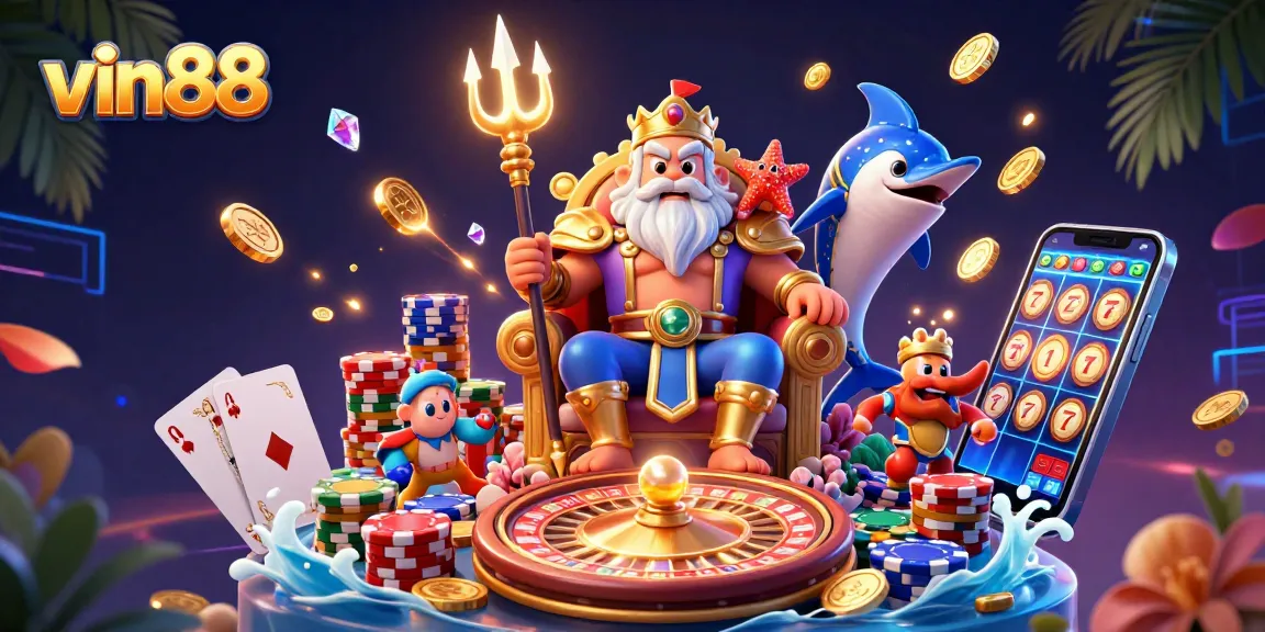 Spin and win at vin88 with Neptune and treasures in this vibrant 3D casino scene!