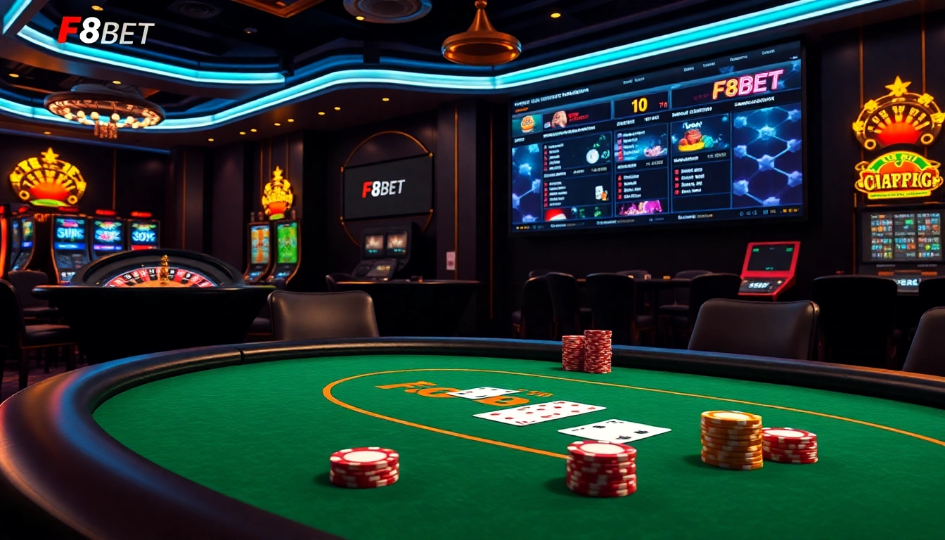 Exciting casino action with F8BET poker table and vibrant slot machines set in a luxurious environment.
