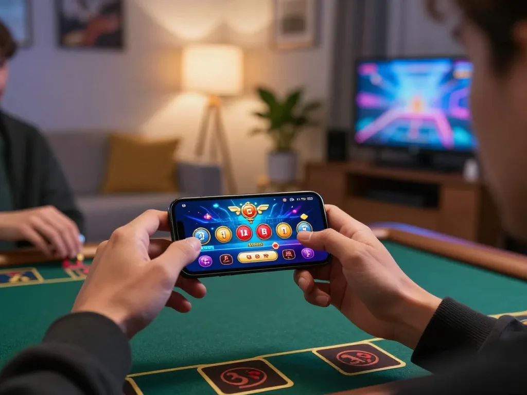 Tải rik88 app while engaging in strategic bets on smartphone in cozy home.
