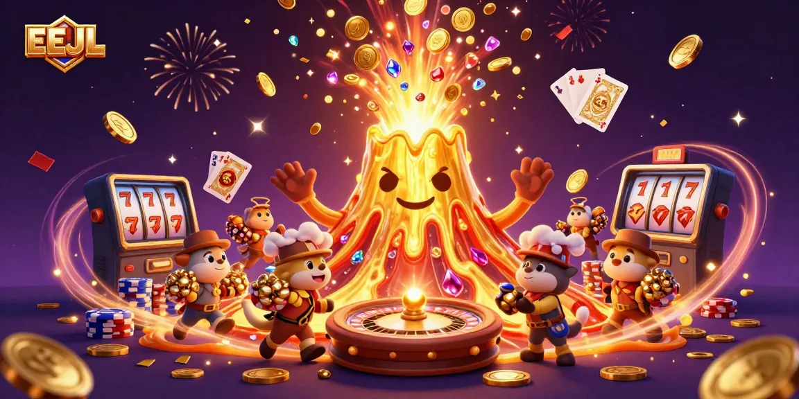 Experience the excitement of EEJL with a vibrant 3D illustration showcasing a golden volcano and gleaming casino elements.