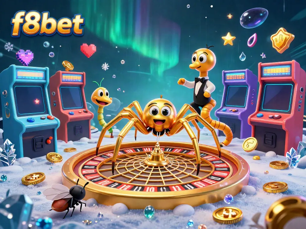 Experience the excitement of f8bet with a colorful 3D casino scene featuring a spider croupier and a nervous fly.