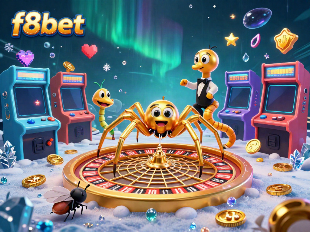 Experience the excitement of f8bet with a colorful 3D casino scene featuring a spider croupier and a nervous fly.