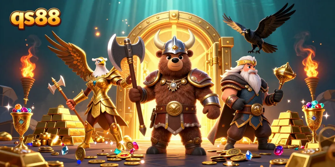 Experience excitement with qs88 as a Viking bear and Valkyrie eagle explore a golden treasure vault.