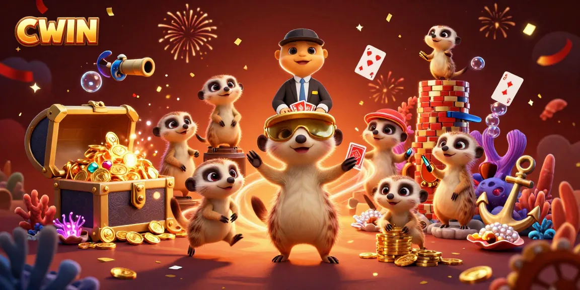 CWIN’s captivating casino scene showcases meerkats running games with confetti and vibrant elements.