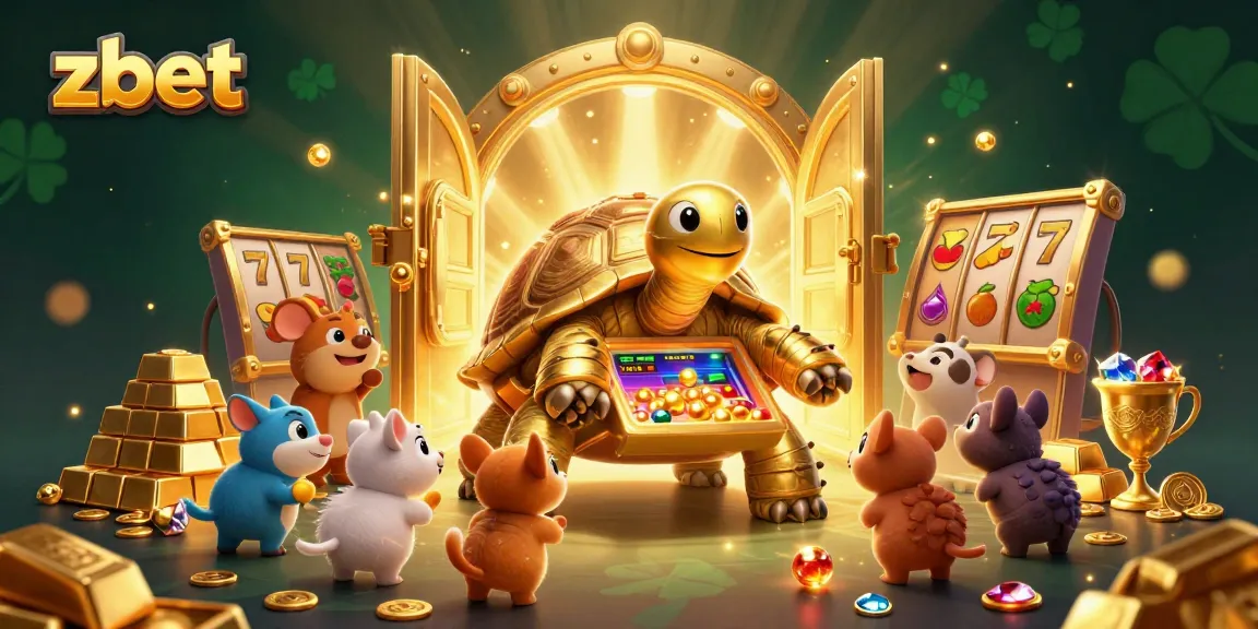 Engage in thrilling slot games with zbet as golden tortoise and treasures surround players.