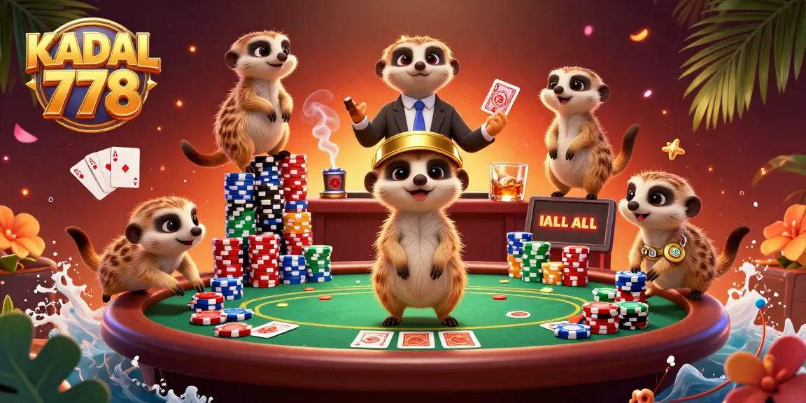 Engage in KADAL 778's dynamic casino atmosphere with meerkats at play as they deal poker and stack chips.