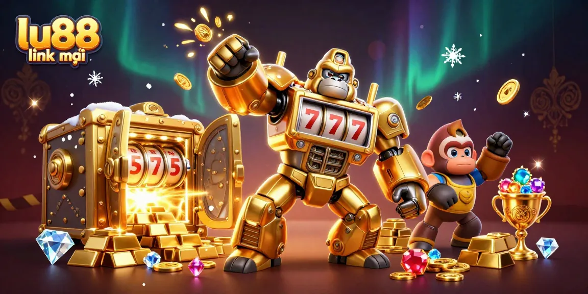 Experience thrilling wins with lu88 link mới, featuring a golden gorilla mech bursting with coins and treasures.