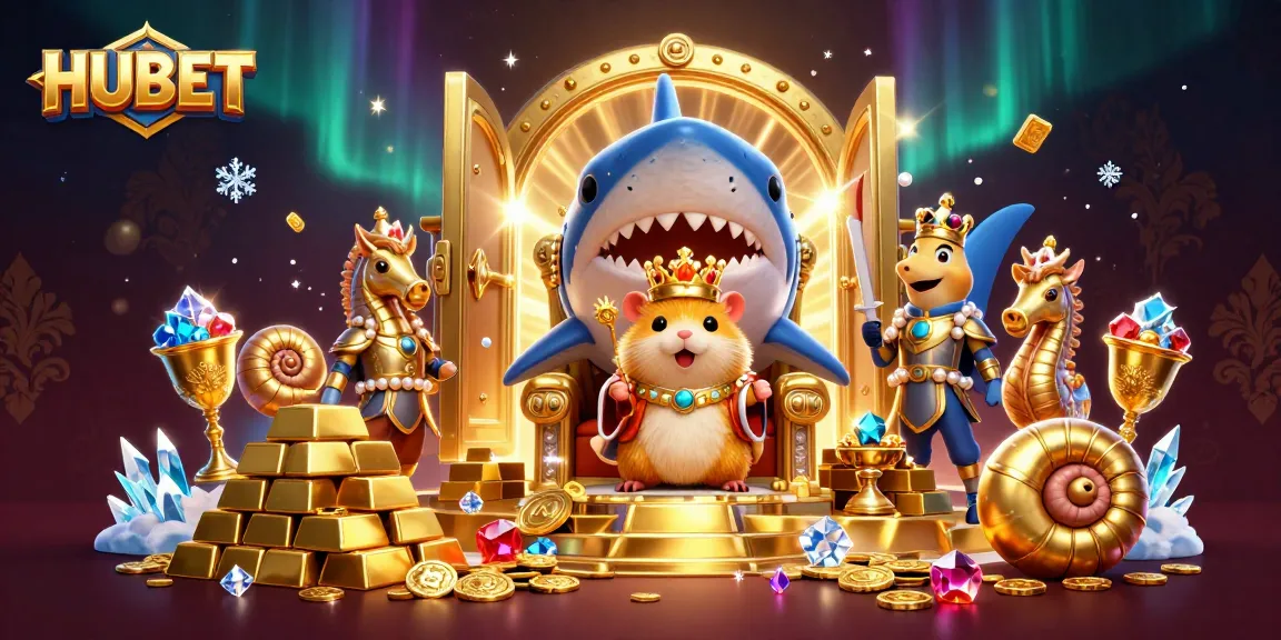 Experience HUBET's vibrant casino world with a golden hamster king on his treasure throne!