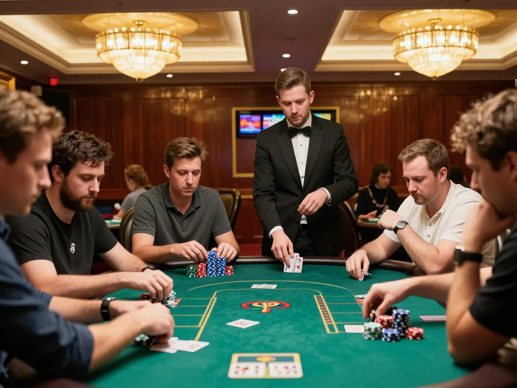 man88 players engaging at a poker table, showcasing strategic gameplay in a vibrant casino atmosphere.