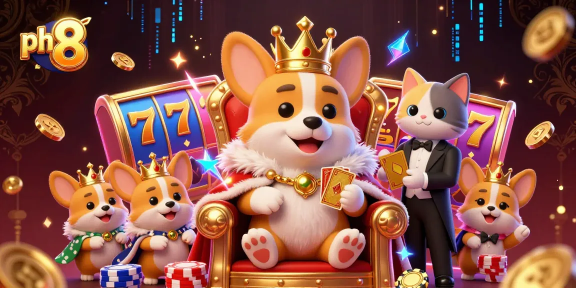 Play exciting slot games with 'ph 8' featuring a royal corgi on a poker chip throne surrounded by game machines.