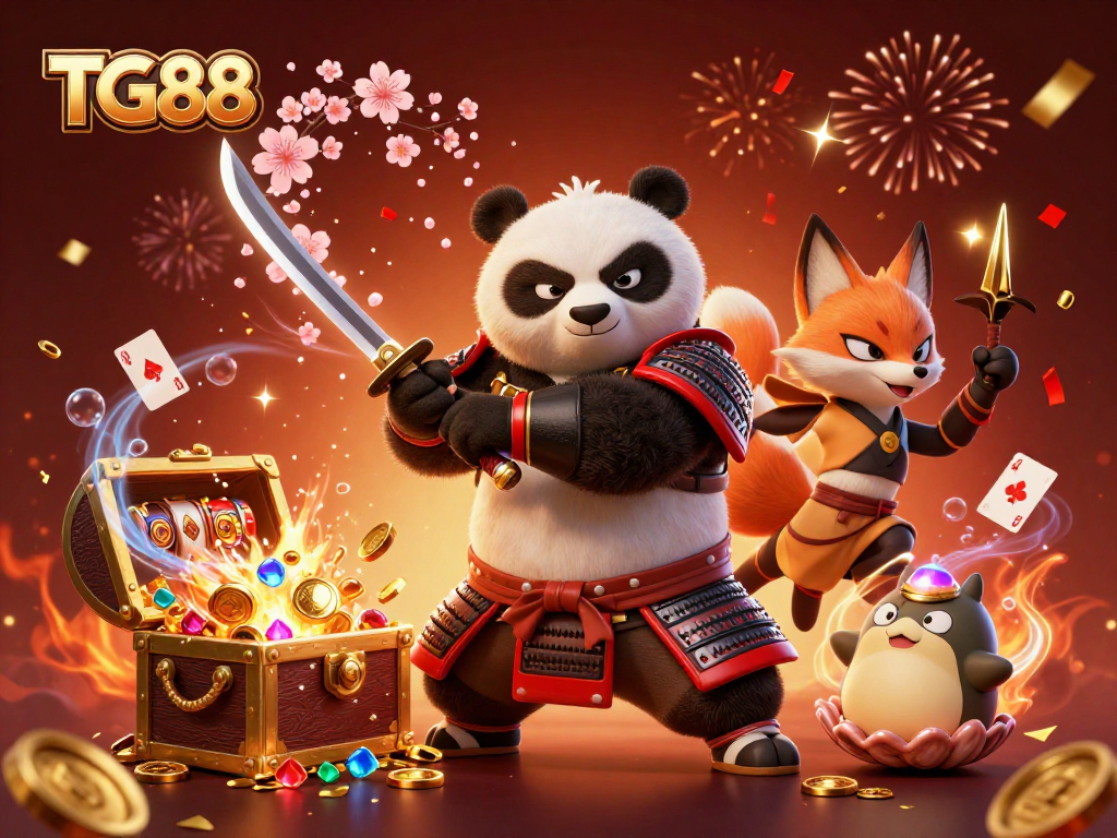 Experience the excitement of TG88 with a vibrant scene featuring a samurai panda and a ninja fox amidst thrilling casino elements.