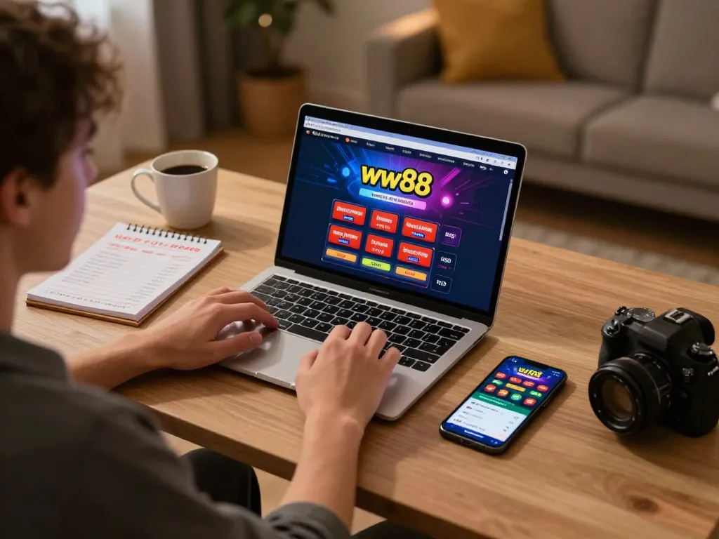 Player enjoying online gambling at ww88 from a cozy home setup, highlighting gaming interface and betting notes.