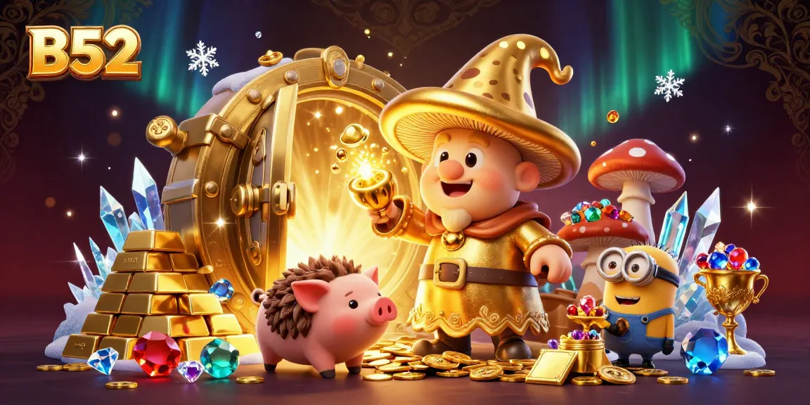 Experience the magic of the B52 casino with a golden wizard and treasure-filled scene.