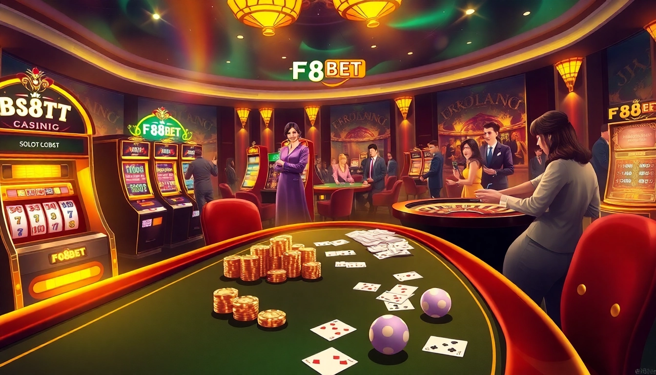 Betting excitement at F8Bet casino with poker chips, cards, and glowing slot machines.