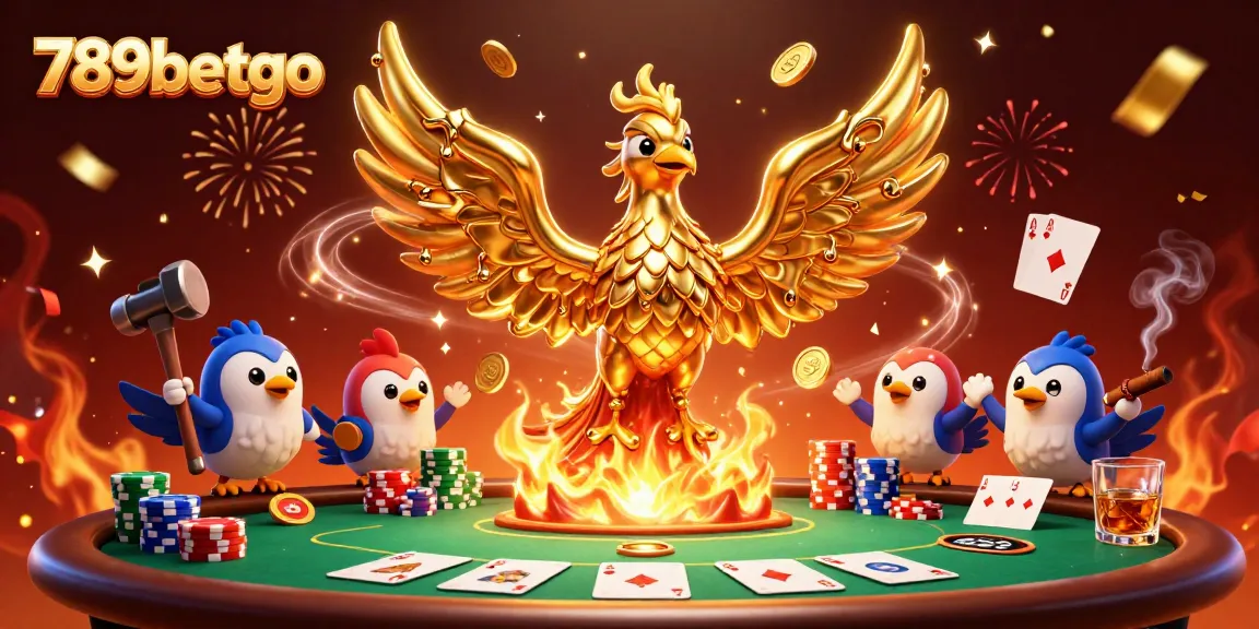 Engage with 789betgo's dynamic gaming scene featuring a golden phoenix and poker elements.