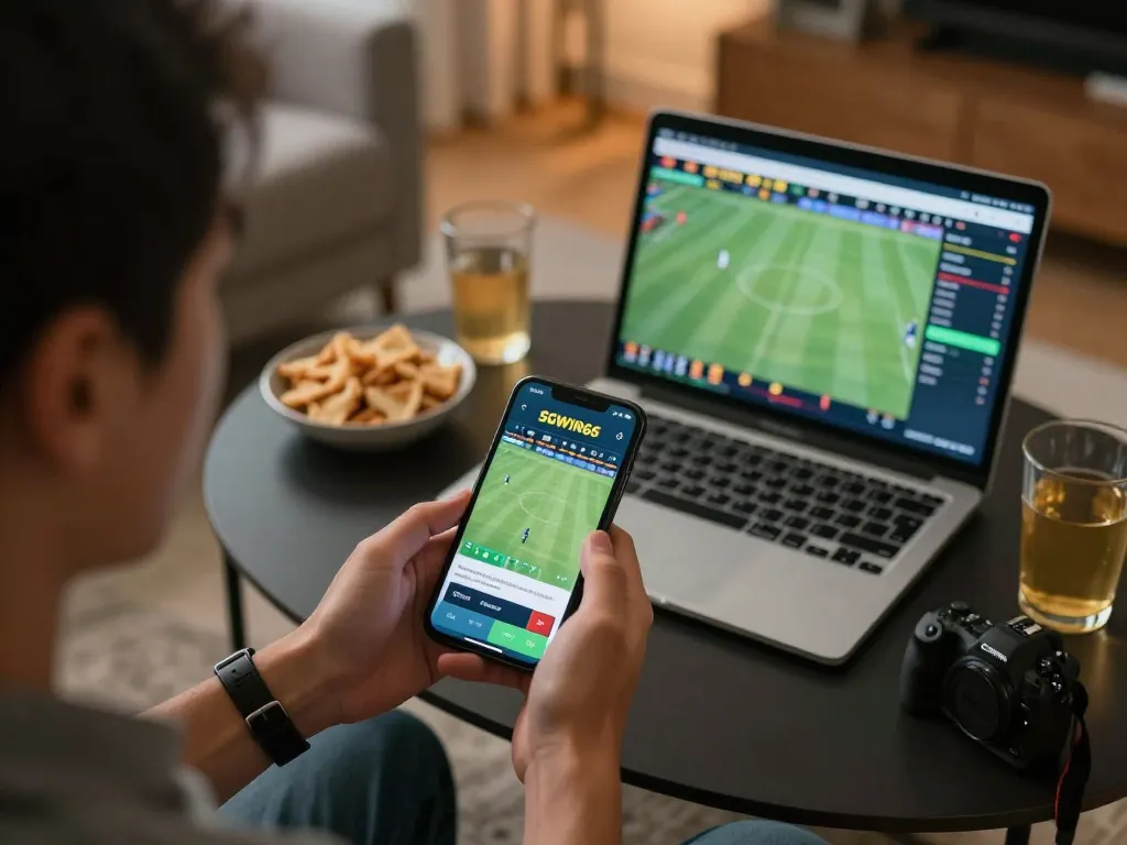 Engaging user utilizing SGWIN66 app for live sports betting in a cozy home setting