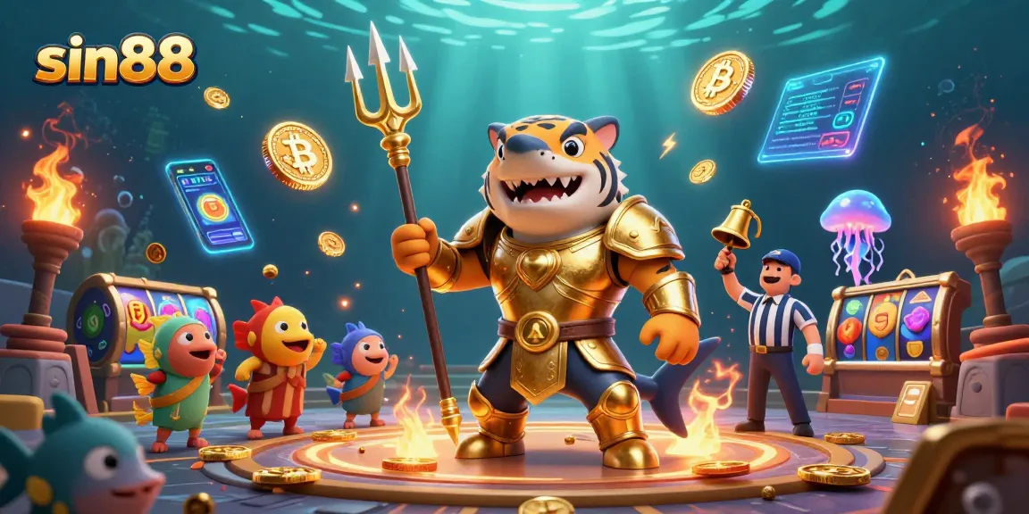 Experience the thrill of sin88 with an epic underwater casino battle scene featuring a tiger shark, slot reels, and crypto coins.