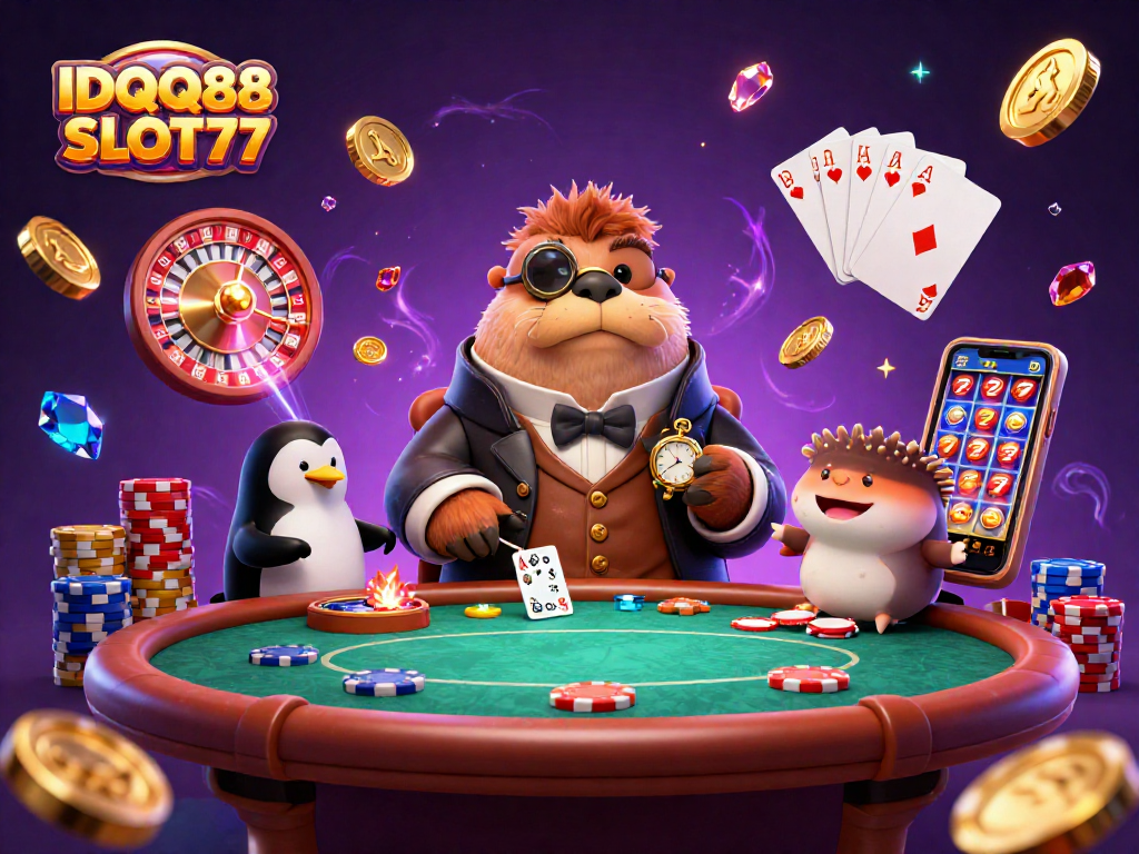 Experience the thrill of IDQQ88 SLOT77 with a jolly walrus, penguin dealer, and bluffing pufferfish amidst vibrant casino elements.
