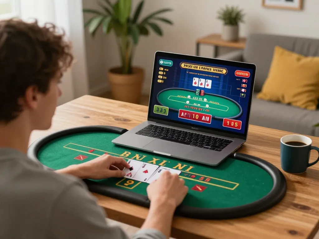 Player enjoying an engaging blackjack game on CK444 at home, emphasizing strategic gameplay and cozy atmosphere.