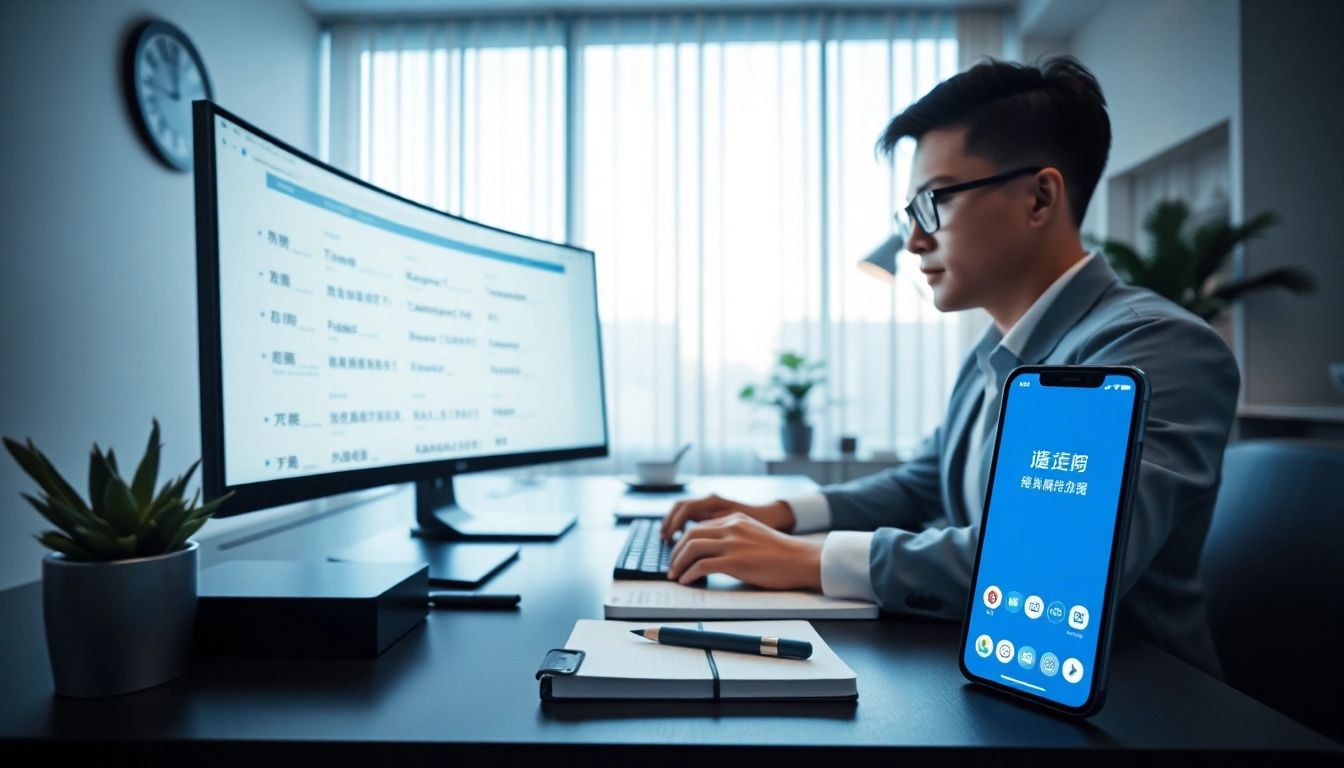 Professional using 有道翻译 on a modern workspace with technology.