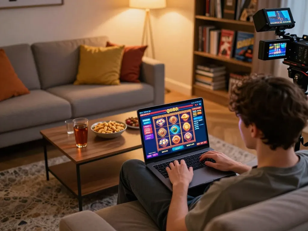 Player enjoying go88 slots on a laptop in a cozy home setup with snacks.