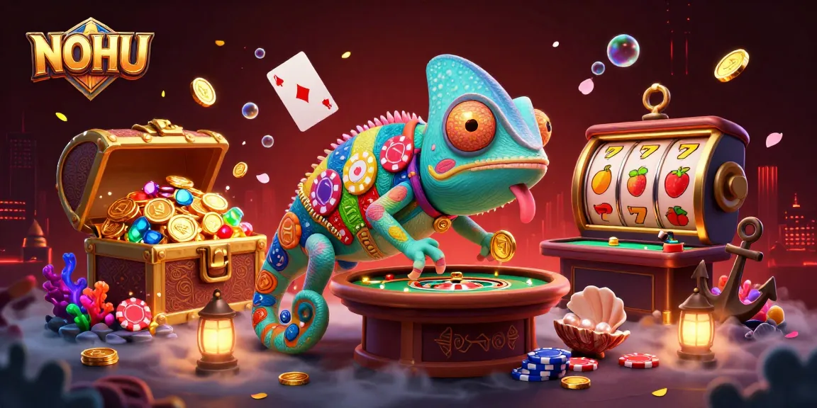 NOHU casino illustration showcasing a vibrant chameleon character amidst a treasure-filled scene.