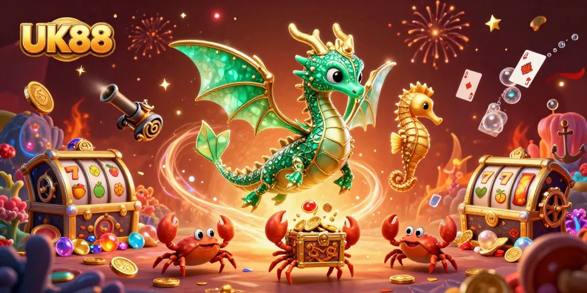 Experience thrilling wins at UK88 with an action-packed sea dragon and slot machine illustration.